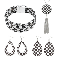 Платина Наборы подвесок, браслетов и сережек в форме капли из искусственной кожи в клетку., сплав ювелирных изделий, платина, Ожерелье: 833 mm