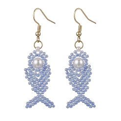 Светлый Стально-синий Серьги-подвески из стеклянных бусин в форме рыбьей кости, с круглыми раковинами, имитирующими жемчужины и 304 крючками для сережек из нержавеющей стали, золотые, светло-стальной синий, 57x16 мм