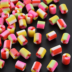 Crimson Handmade Polymer Clay Beads, 6 Tone, Column, Crimson & White & Pink & Gold & Hot Pink & Light Green, 5x2.5~6.5mm, Hole: 1.8mm
