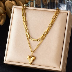 Сердце 304 двухслойные ожерелья с подвеской из нержавеющей стали для женщин, золотые, сердце, 15.75 дюйм (40 см), Кулон : 14x12 мм