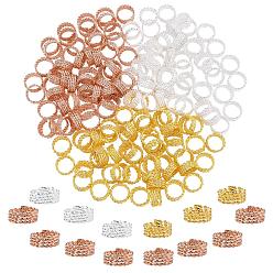 Mixed Color 150Pcs 3 Colors Plated Iron Twisted Hair Coil Dreadlock Beads, Dread Cuff Coil, Ring, 4 Loops, Mixed Color, 14x5mm, Hole: 11.5mm, 50pcs/color