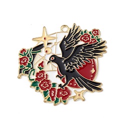 Black Alloy Enamel Pendants, Flat Round with Crow & Flower Pattern Charm, Light Gold, Black, 40x37.5x1.3mm, Hole: 2mm