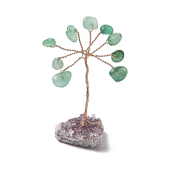 Зеленый Авантюрин Натуральные зеленые авантюриновые чипсы дерево жизни украшения, аметистовая основа с медной проволокой, фен-шуй энергетический камень подарок для домашнего офиса украшение рабочего стола, 18.5~24.5x25~33x49~61 мм