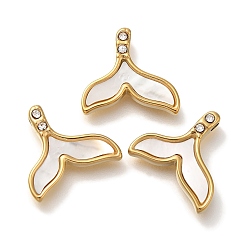 Настоящее золото 18K Вакуумное покрытие pvd 304 подвески из нержавеющей стали, с ракушкой паве и стразами, очарование рыбий хвост, реальный 18 k позолоченный, 14x16x3 мм, отверстие : 1.6 мм