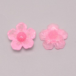 Pink Transparent Resin Cabochons, with Glitter Powder, Flower, Pink, 20x20x7mm