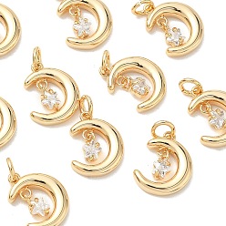 Real 18K Gold Plated SHEGRACE Brass Micro Pave Cubic Zirconia Pendants, Cadmium Free & Nickel Free & Lead Free, Moon Charms, Clear, Real 18K Gold Plated, 11x9x2mm, Hole: 2.5mm