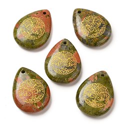 Унакит Подвески-капли из натурального унакита, подвески-слезинки с гравированным золотым деревом жизни, 33~33.5x24.5~25x7~7.5 мм, отверстие : 2 мм