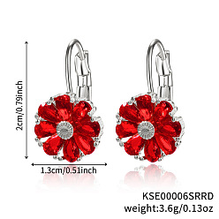 Красный Серьги-кольца из латуни с цветком, с кубического циркония, серебряные, красные, 20x13 мм