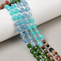 Смешанные камни Натуральный агат (окрашенный и подвергнутый термической обработке), а также нити из окрашенного белого нефрита и тигрового глаза., плоско-круглые, граненые, с бисером, 6~6.7x4~4.3 мм, отверстие : 1.1~1.3 мм, около 46 шт / нитка, 15.16'' (38.5 см)