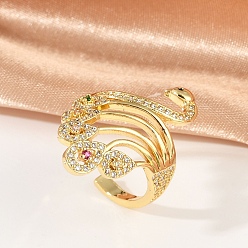 Настоящее золото 18K Кольца-манжеты из латуни с павлиньим узором и прозрачными кубическими цирконами для женщин, без кадмия и без свинца, реальный 18 k позолоченный, 28.5 мм, внутренний диаметр: регулируемый