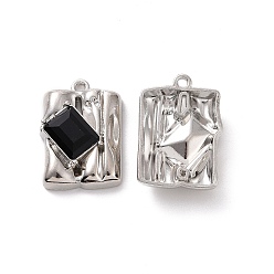 Black Rack Plating Alloy Glass Pendants, Cadmium Free & Lead Free & Nickle Free, Platinum Tone Rectangle Charms, Black, 20x14x5mm, Hole: 1.2mm