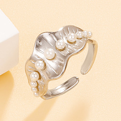 Нержавеющая Сталь Цвет 304 Открытые кольца-манжеты из нержавеющей стали с имитацией жемчуга для женщин, кольца с волнистым краем, цвет нержавеющей стали, 17 мм