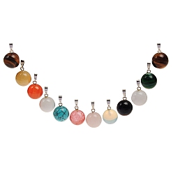 Mixed Stone Natural & Synthetic Gemstone Pendants, with Platinum Tone Brass Findings, Round, 14x14mm