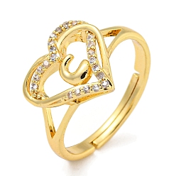 Letter C Регулируемые кольца из латуни с микро-паве в форме сердца и стойки для писем для женщин с прозрачным фианитом, без свинца и без кадмия, реальный 18 k позолоченный, буква С, внутренний диаметр: 16 мм