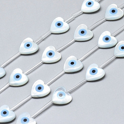 Deep Sky Blue Natural White Shell Mother of Pearl Shell Beads, with Natural Turquoise, Heart with Evil Eye, Deep Sky Blue, 10x10x3mm, Hole: 0.5mm