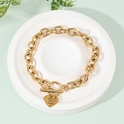 Letter E Золотые 304 браслеты с подвесками из нержавеющей стали, ювелирные изделия из кабельной цепи для женщин, сердце с письмом, с Переключить застежками, Письмо E, 8.27 дюйм (21 см)