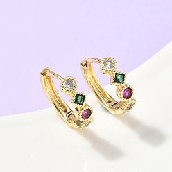 Настоящее золото 18K Серьги-кольца в виде ромба с круглыми латунными микрокристаллами из разноцветных кубических цирконий, стойки покрытие, долговечный, без кадмия и без свинца, реальный 18 k позолоченный, 14.5x4 мм