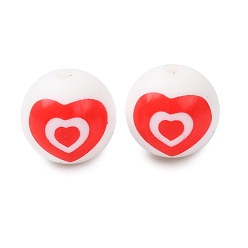 Сердце Экологически чистые силиконовые бусины пищевого качества с печатью, круглые, фокусные бусы, красные, сердце, 15 мм, отверстие : 2 мм
