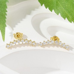 Настоящее золото 18K Изогнутые серьги-гвоздики с кубическим цирконием, украшения из латуни для женщин, без кадмия и без свинца, реальный 18 k позолоченный, 4.5x17.5 мм, штифты : 0.8 мм