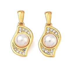 Золотой 304 подвески из нержавеющей стали с микропаве из стразов, амулет в виде неправильного листа, с абс пластмассовой имитационной жемчужиной, золотые, 22x12.5x9 мм, отверстие : 7x3 мм