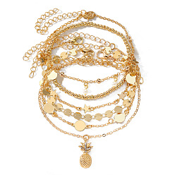 Золотой Цепочка из сплава с подвеской в виде монеты и кристаллами горного хрусталя в виде ананаса 6 многослойные браслеты на ногу для женщин, золотые, 8-1/4~8-5/8 дюйм (210~240 мм), 6 шт / комплект
