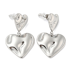 Stainless Steel Color Non-Tarnish 304 Stainless Steel Dangle Stud Earrings, Textured Heart, Stainless Steel Color, 31x19.5mm