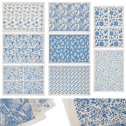 Синий 8листы 8 стили бумага керамические наклейки, гончарная керамика глиняная переводная бумага, подглазурная цветочная бумага, цветочные узоры, синие, 525x377x0.1 мм, 1 лист / стиль