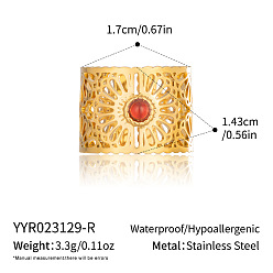 Gemstone 304 Stainless Steel with Natural Gemstone Cuff Open Rings for Women, Flower, Real 18K Gold Plated, 14.3mm, Inner Diameter: 17mm