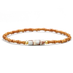 Шушан Камень Браслеты-колонны из натурального камня Шушань, Эластичные браслеты ручной работы из бамбука с оливковой косточкой и бисером для женщин и мужчин, 7-7/8 дюйм (20 см)