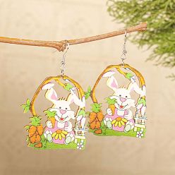 Разноцветный Пасхальные деревянные серьги-подвески, кролик, платина, красочный, 72x45 мм