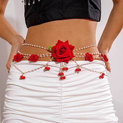 Красный Ремни из сплава с многослойной цепью из ткани и цветка, с кисточкой из пластиковых бусин, красные, 660 мм