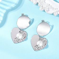 Сердце Серьги-гвоздики из пластика с имитацией жемчуга, с 304 серьгами из нержавеющей стали, цвет нержавеющей стали, сердце, 44x23 мм