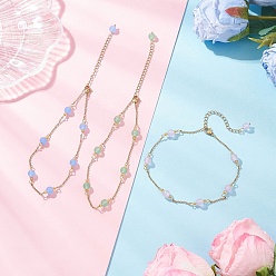Mixed Color 3Pcs 3 Colors Dyed Round Natural Malaysia Jade & 304 Stainless Steel Cable Chain Ankelets, Golden, Mixed Color, 10 inch(253mm), 1pc/color