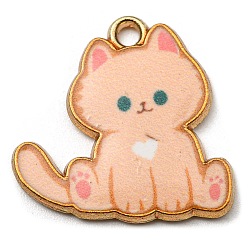 Персиковый Слойка Печатные подвески сплава, золотые, без кадмия, без никеля и без свинца, подвески в форме кошки, розовые, 20x20x2 мм, отверстие : 1.6 мм