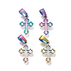 Rainbow Color Ion Plating(IP) 304 Stainless Steel Pendants, Laser Cut, Hollow Cross, Rainbow Color, 19x12x1.5mm, Hole: 3.5x7mm