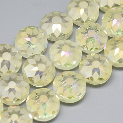 Champagne Yellow Electroplate Glass Beads Strands, Frosted, Rainbow Plated, Faceted, Flat Round, Champagne Yellow, 12x8~9mm, Hole: 1mm, about 50pcs/strand, 23.62 inch