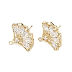Настоящее золото 14K Фурнитура для сережек-гвоздиков из латуни с микропаве из прозрачных кубических цирконий в форме листьев гинкго, без свинца, без кадмии и без никеля, с петлей, реальный 14 k позолоченный, 15.5x17.5 мм, отверстие : 1.2 мм, штифты : 11x0.8 мм