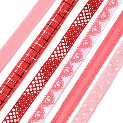 Red 3Rolls Polyester Ribbons & 3Rolls Polyester Grosgrain Ribbons, for Gift Packaging, Mixed Patterns, Red, 3/8 inch(9.7mm), 1m/roll, 6rolls/set