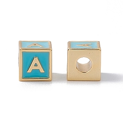 Letter A Стойки покрытие латунь эмаль бисер, без кадмия, без никеля и без свинца, реальный 18 k позолоченный, куб с письмом, голубой, letter.a, 6x6x6 мм, отверстие : 2.5 мм