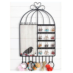 Черный Настенная железная витрина для ювелирных изделий в виде птичьей клетки, держатель-органайзер для ювелирных изделий для браслета, Ожерелье, хранение серег, чёрные, 44x26 см.
