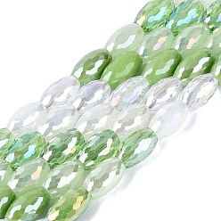 Light Green Electroplate Mixed Styles Glass Beads Strands, Rice, Faceted, Light Green, 9.5~10.5x6~6.5mm, Hole: 1~1.4mm, about 44~45pcs/strand, 17.52~17.91 inch(44.5~45.5cm)
