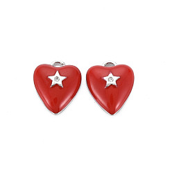 Platinum Brass Micro Pave Clear Cubic Zirconia Charms, with Enamel, Nickel Free, Heart with Star, Platinum, 13x11x3mm, Hole: 1.2mm