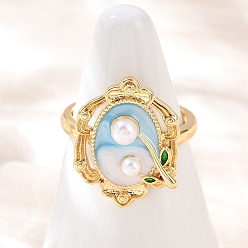 Oval Латунные манжеты с небесно-голубой эмалью, с абс пластмассовой имитационной жемчужиной, реальный 18 k позолоченный, стойки покрытие, долговечный, без кадмия и без свинца, овальные, внутренний диаметр: регулируемый, овальный : 20x15.5 mm