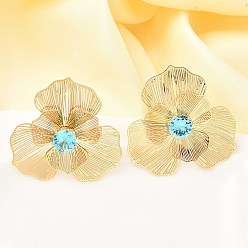 Небесно-голубой Цветок латуни микро проложить кубического циркония серьги стержня, без никеля , реальный 18 k позолоченный, голубой, 37.5x38.5 мм