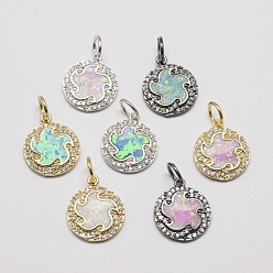 Mixed Color Brass Cubic Zirconia Charms, with Synthetic Opal, Flat Round, Cadmium Free & Lead Free, Mixed Color, 16x13.5x2mm, Hole: 4.5mm