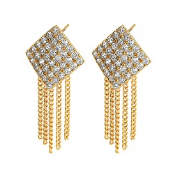 Real 18K Gold Plated Clear Cubic Zirconia Rhombus Stud Earrings, Rack Plating Brass Chains Tassel Earrings, Long-Lasting Plated, Cadmium Free & Lead Free, Real 18K Gold Plated, 37x17.5mm