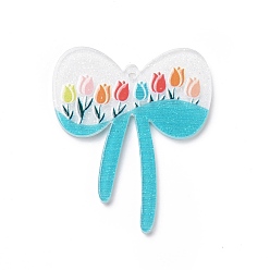 Темно-Голубой 3 d кулоны акриловые печатные, с блеском порошок, бант с узором тюльпан, глубокое синее небо, 38.5x33x2 мм, отверстие : 1.5 мм