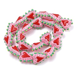 Pink Запеченные окрашенные непрозрачные стеклянные эмалированные бусины, бусины ручной работы, Бугристое сердце в горошек, розовые, 22~23x20x10~11 мм, отверстие : 1.6 мм