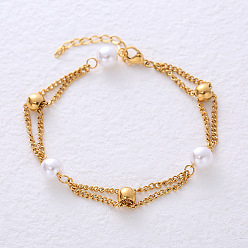 Настоящее золото 18K Многослойные браслеты из нержавеющей стали, браслеты для женщин, с пластиковой жемчужины, реальный 18 k позолоченный