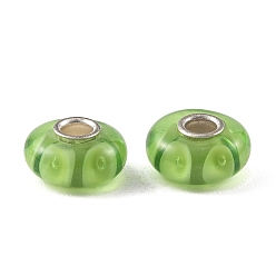 Yellow Green Lampwork & Brass Core European Beads, Large Hole Beads, Rondelle, Yellow Green, 15x7.5mm, Hole: 4mm